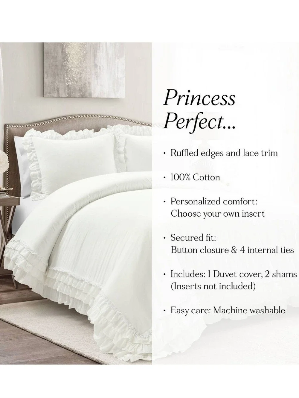 Lush Décor 3pc Full/Queen Ella Ruffle Duvet Bedding Set White NO FILL